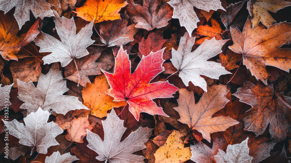 Fototapeta premium Crisp autumn air with frost covered maple leaves scattered on ground, showcasing vibrant colors of red, orange, and white. beautiful seasonal display