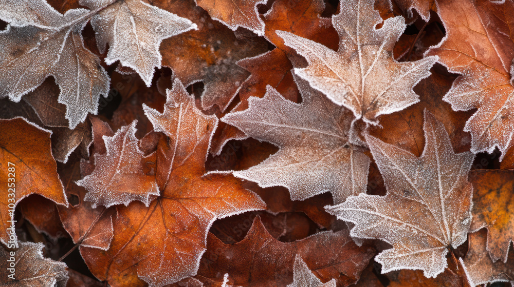 Crisp autumn day with frost on maple leaves creates serene and tranquil atmosphere, showcasing beauty of natures seasonal changes Crisp autumn day with frost on maple leaves creates serene and tranquil atmosphere, showcasing beauty of natures seasonal changes