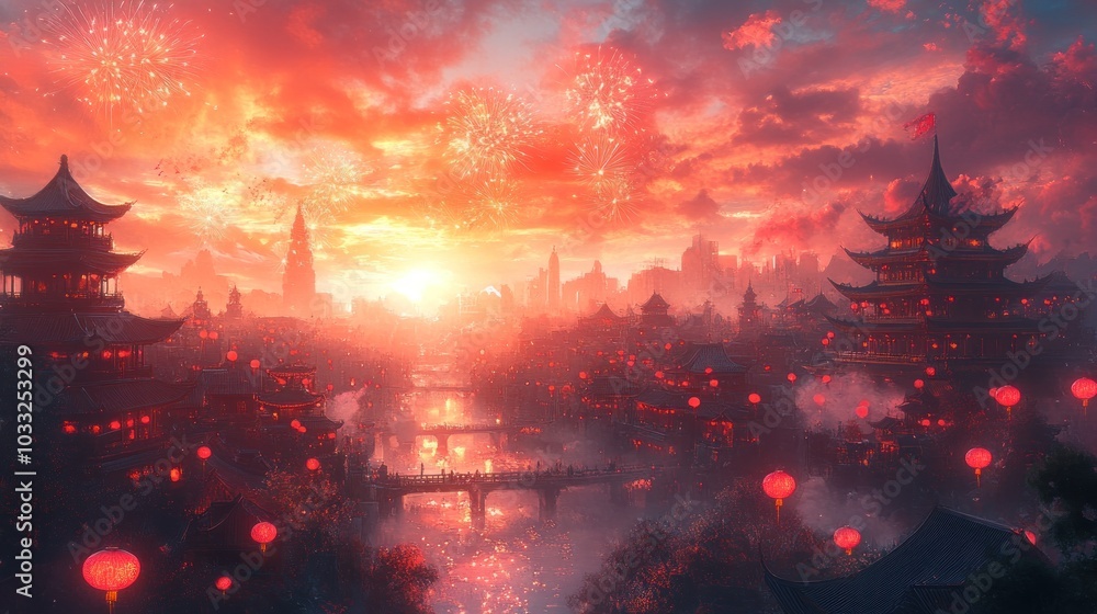 A vibrant sunset over a cityscape adorned with fireworks and lanterns. A vibrant sunset over a cityscape adorned with fireworks and lanterns.