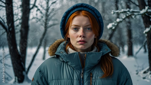 Young woman with a contemplative expression wearing a winter jacket in a snowy forest