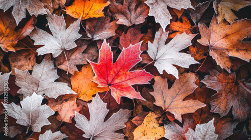 Crisp autumn air with frost covered maple leaves scattered on ground, showcasing vibrant colors of red, orange, and white. beautiful seasonal display