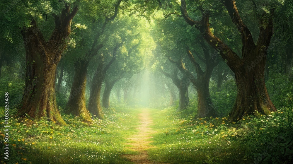 Fototapeta premium Sunlit path through a misty forest.