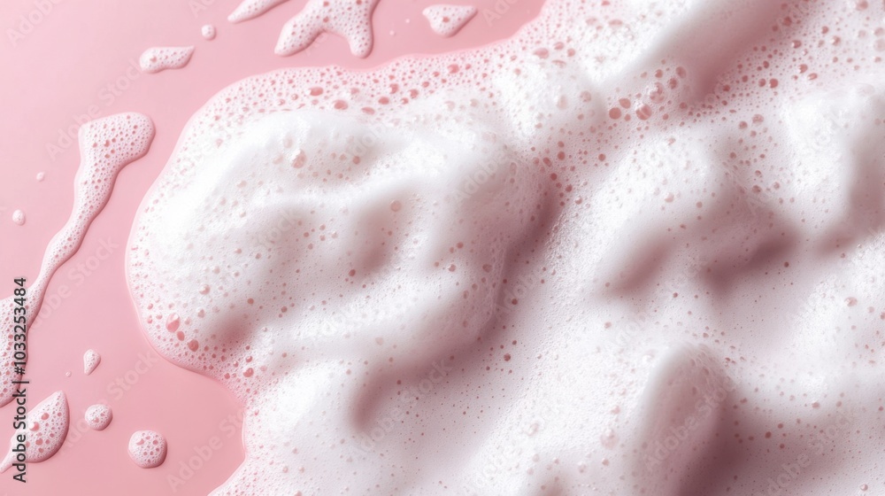 White shampoo lather cascading down a pink surface, offering a clean, modern beauty theme. White shampoo lather cascading down a pink surface, offering a clean, modern beauty theme.