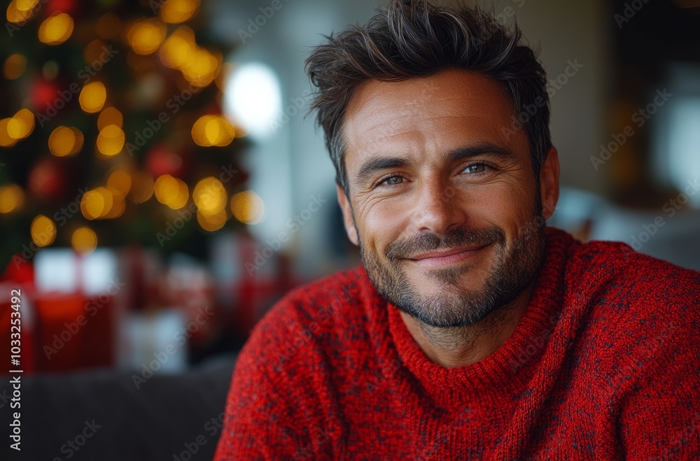 Holiday Smile: A Man Enjoying the Christmas Spirit in a Cozy Setting Holiday Smile: A Man Enjoying the Christmas Spirit in a Cozy Setting