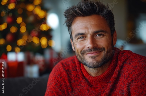 Holiday Smile: A Man Enjoying the Christmas Spirit in a Cozy Setting