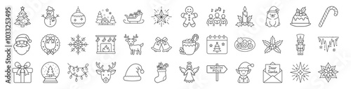 Christmas line icon set. Vector pictograms of Santa Claus, reindeer, Christmas tree, gingerbread man, snowflake, and holiday decorations thin linear illustration.