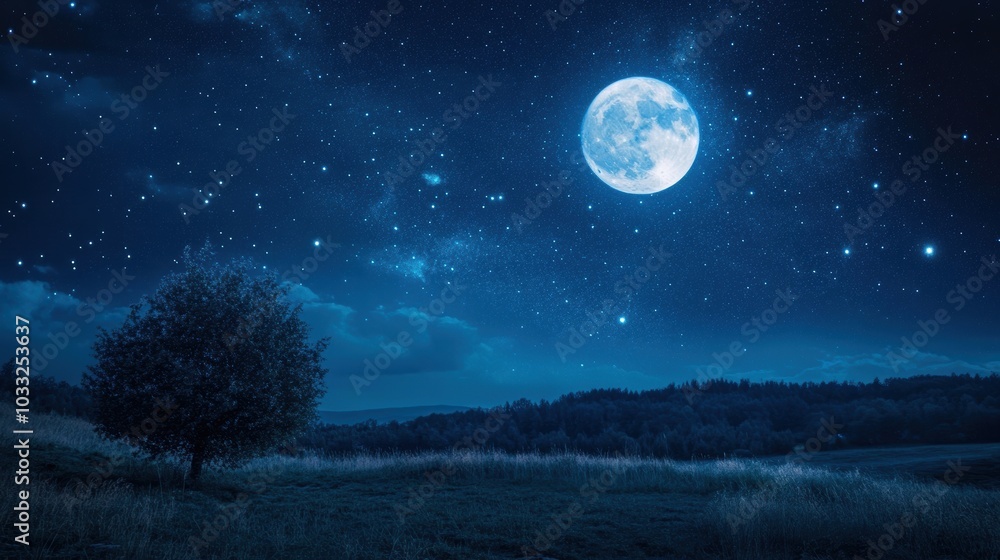 A starry night with a full moon over a field. A starry night with a full moon over a field.