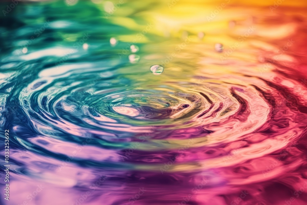 A single water droplet creates colorful ripples in still water. A single water droplet creates colorful ripples in still water.