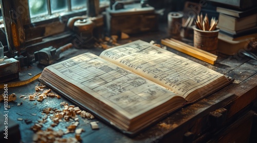 Open book on a workbench, filled with sketches and notes.