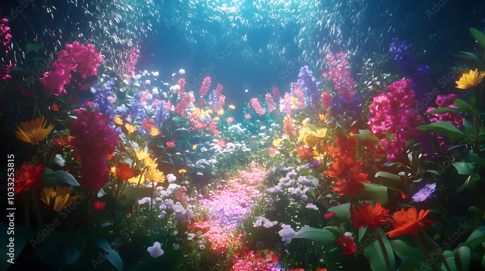 Naklejka premium Parallel reality viewer, possibility garden, choice flowers, dimensional light