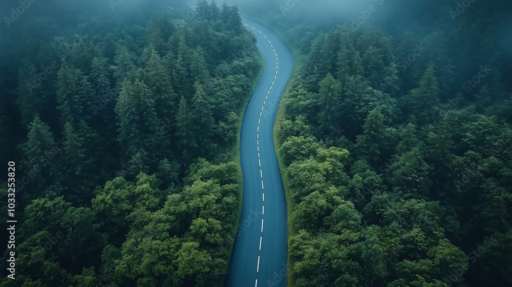 A winding road through lush, green forests shrouded in mist. A winding road through lush, green forests shrouded in mist.