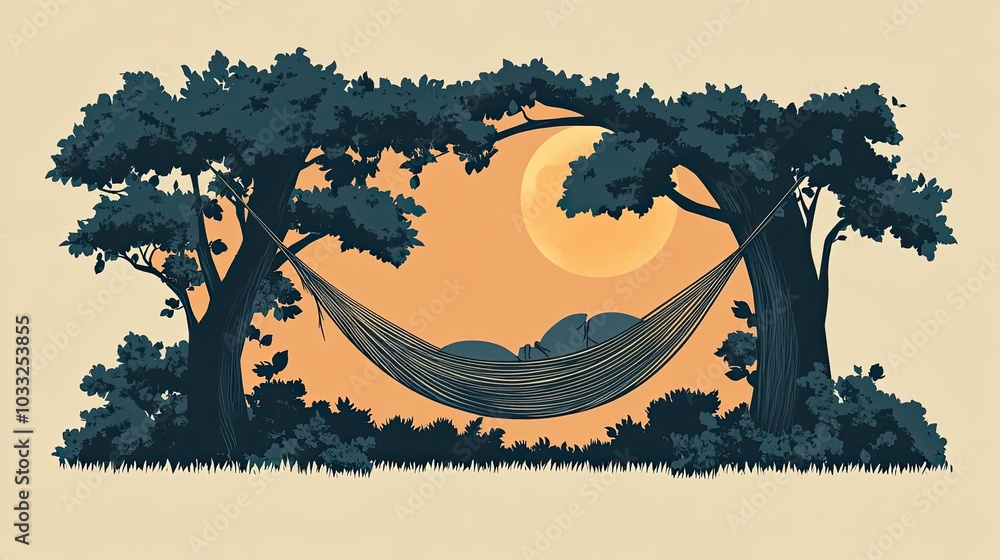 Fototapeta premium A Hammock Hung Between Two Trees With a Person Resting Inside, Against a Background of a Large Orange Circle and Greenery