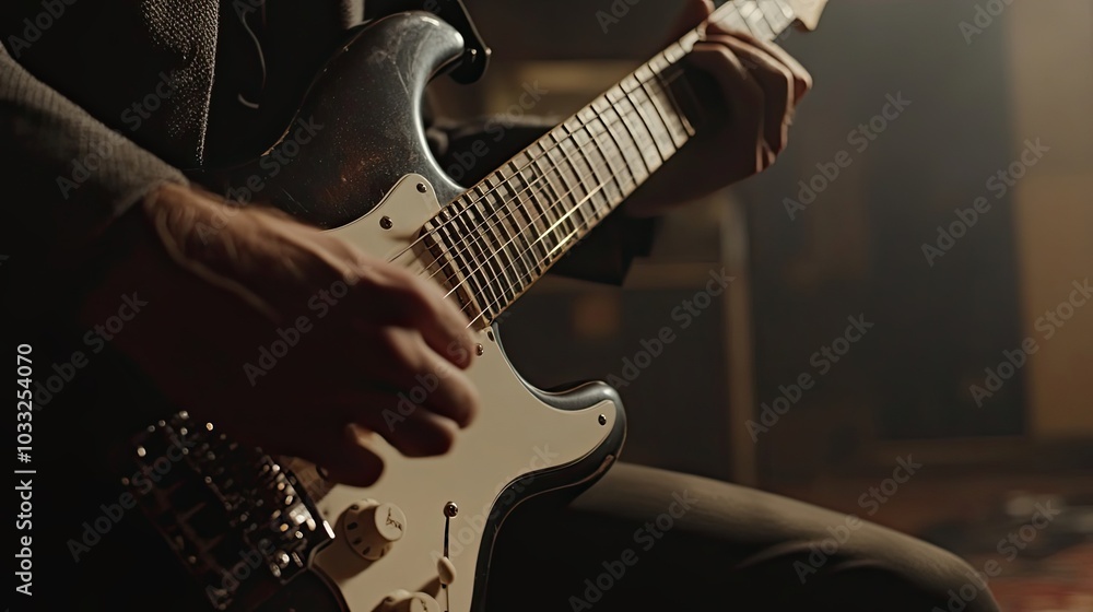 Fototapeta premium Close-up of a Musician's Hand Playing an Electric Guitar
