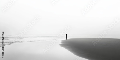 A lone figure on a misty beach.