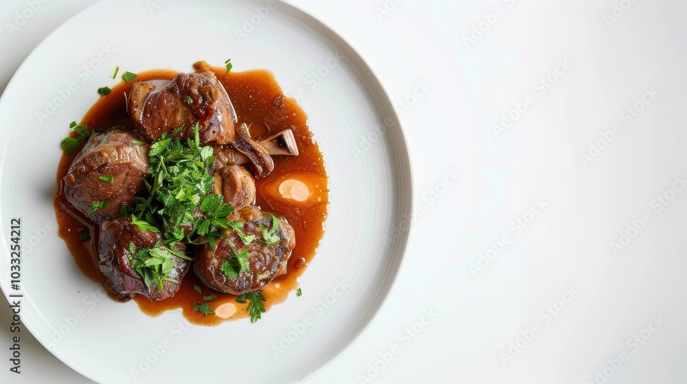 A delicious dish featuring tender meat with rich sauce and fresh herbs garnished, served on a white plate. A delicious dish featuring tender meat with rich sauce and fresh herbs garnished, served on a white plate.