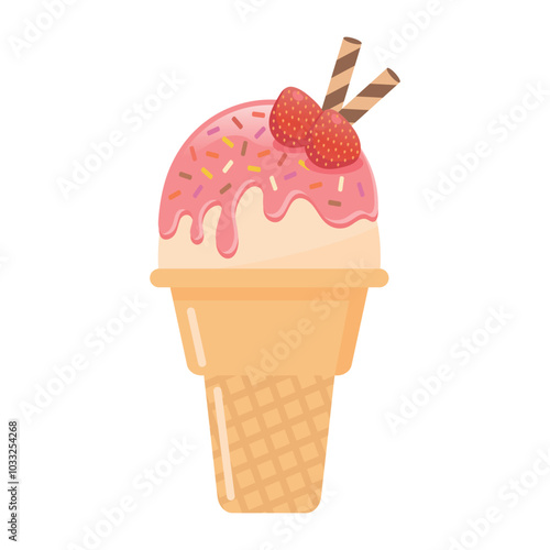 Strawberry ice cream cone with wafer rolls vector illustration. Fresh fruit and sweet dessert.