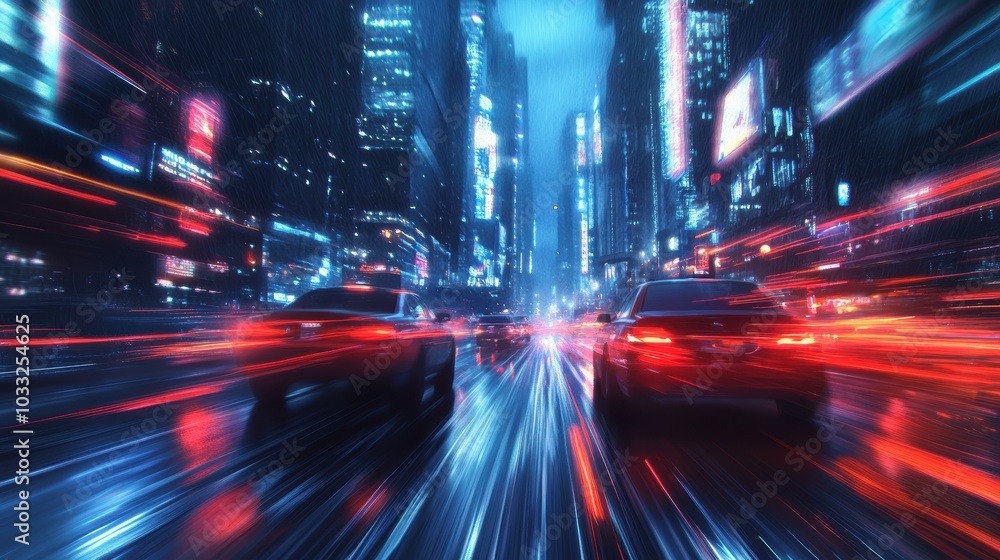 Cars driving through a neon-lit city at night. Cars driving through a neon-lit city at night.