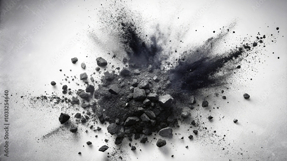 Abstract black and white paint splashes resembling coal and charcoal on an asymmetrical composition Abstract black and white paint splashes resembling coal and charcoal on an asymmetrical composition