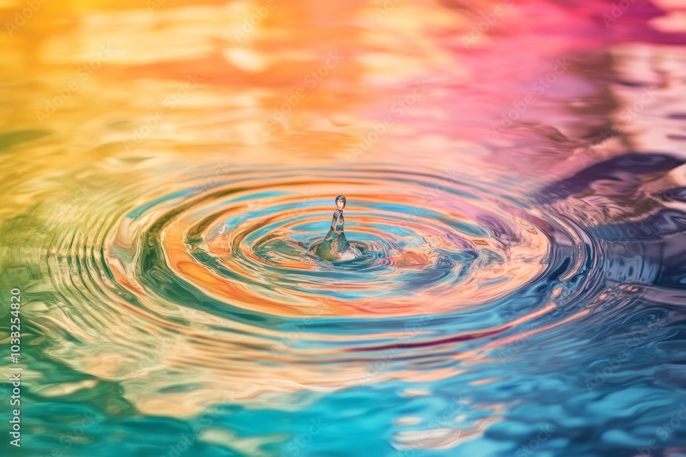 A single water drop creates colorful ripples on the surface of the water. A single water drop creates colorful ripples on the surface of the water.