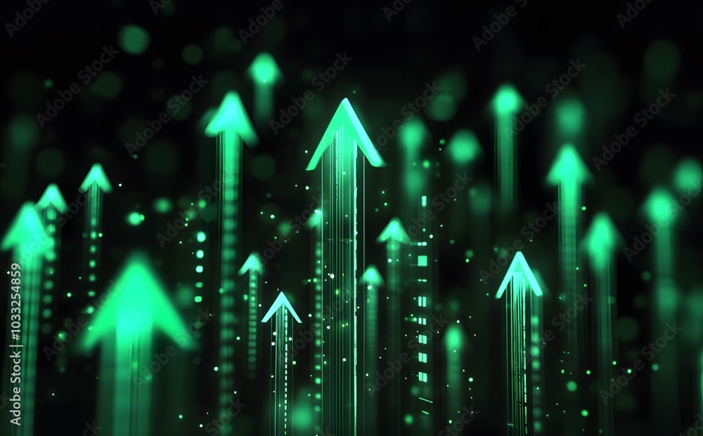 3D render of glowing green arrows pointing upwards on a black background, representing growth and success in business or athletics 3D render of glowing green arrows pointing upwards on a black background, representing growth and success in business or athletics