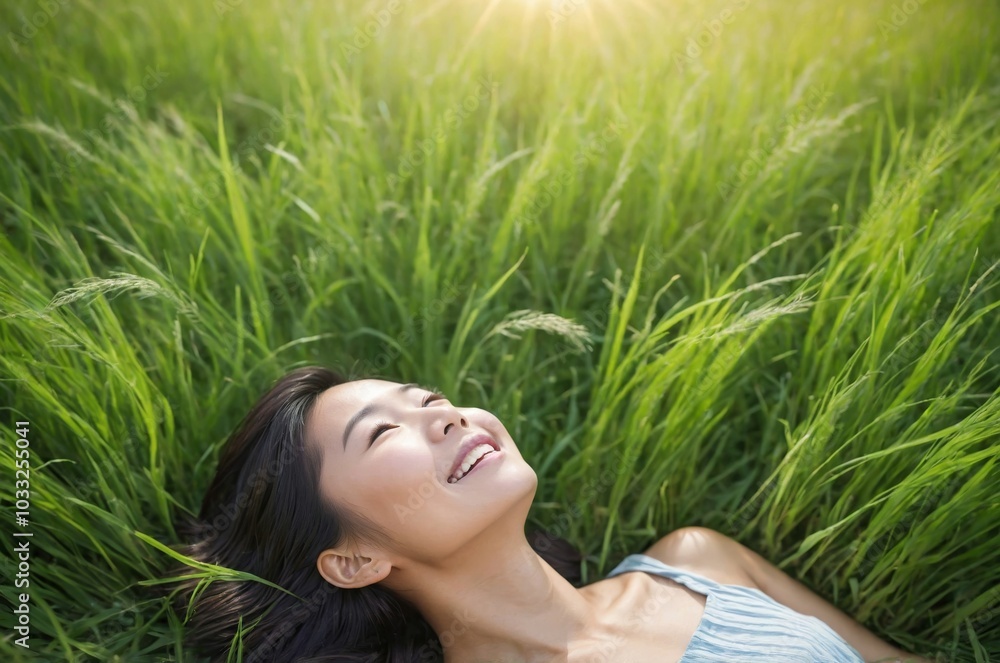 Young Asian woman smiling in tall green grass sunlit field Young Asian woman smiling in tall green grass sunlit field