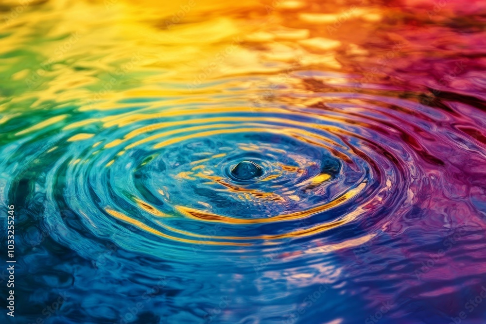 A single drop of water creates concentric ripples in a colorful liquid, resembling a rainbow. A single drop of water creates concentric ripples in a colorful liquid, resembling a rainbow.