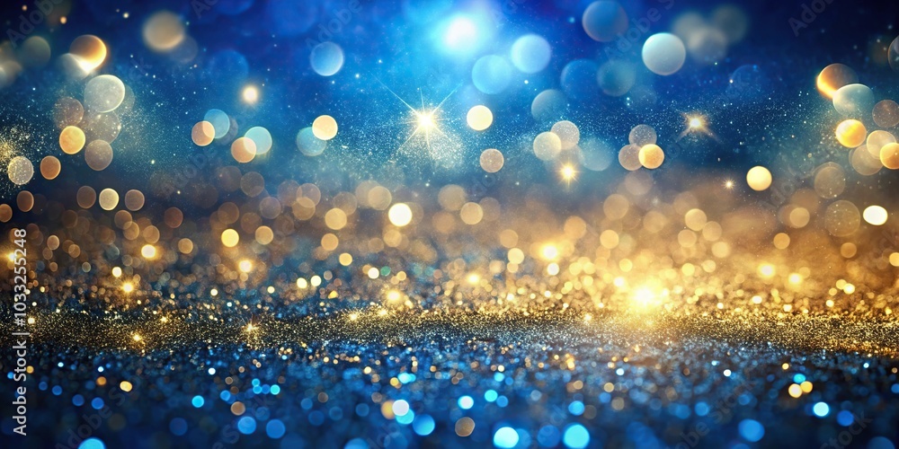Abstract blue and golden background with golden glitter and bokeh lights Abstract blue and golden background with golden glitter and bokeh lights