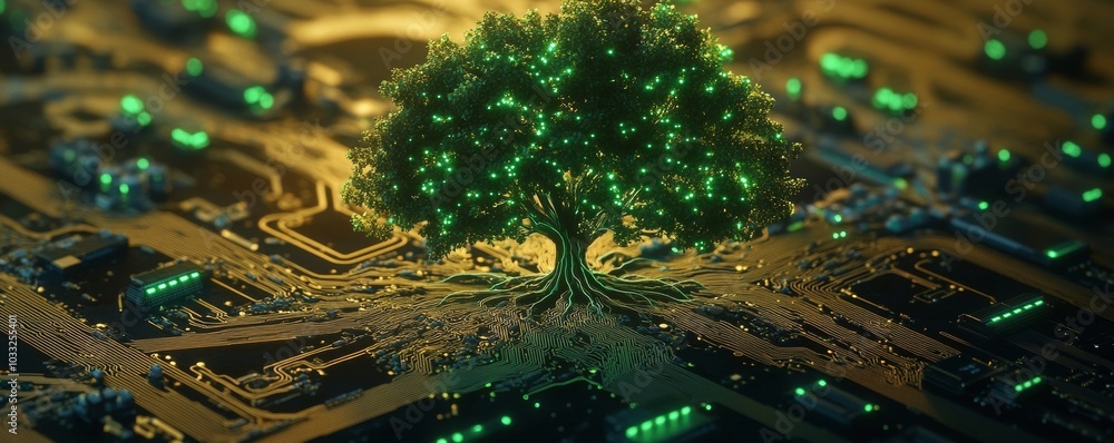 Obraz premium Tree growing from circuit board, digital nature concept