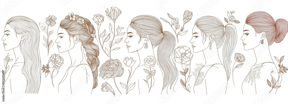 Fototapeta premium Elegant Illustrations of Hairstyles with Floral Elements in Soft Tones