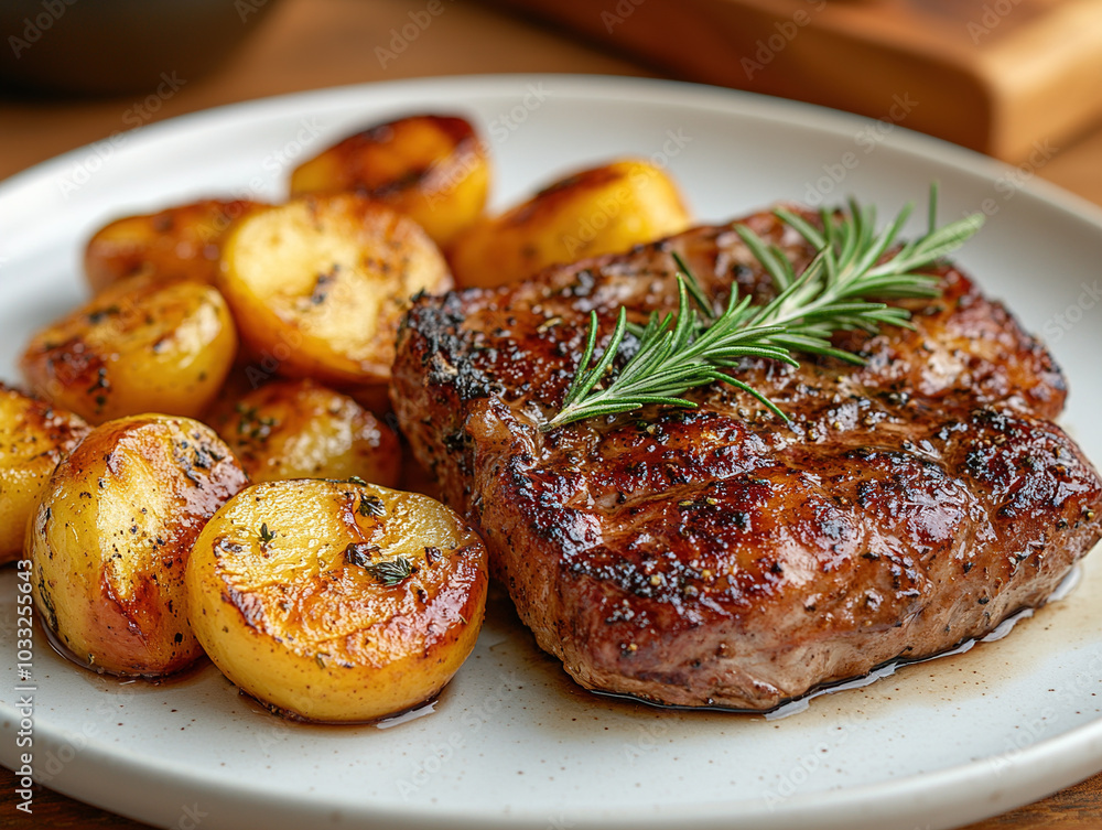 Slow-cooked pork shoulder steak with caramelized apples and a rosemary garnish, plated on a white ceramic plate, with a rustic farmhouse kitchen in the background. Slow-cooked pork shoulder steak with caramelized apples and a rosemary garnish, plated on a white ceramic plate, with a rustic farmhouse kitchen in the background.