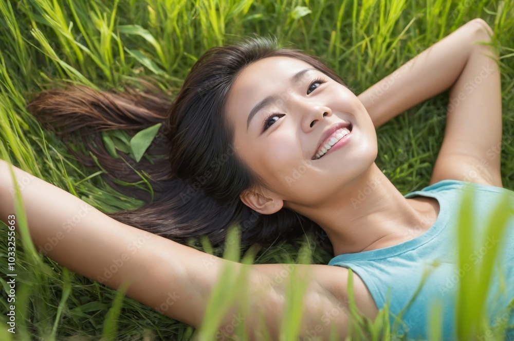 Happy Asian woman lying on grass in sunshine peaceful expression Happy Asian woman lying on grass in sunshine peaceful expression