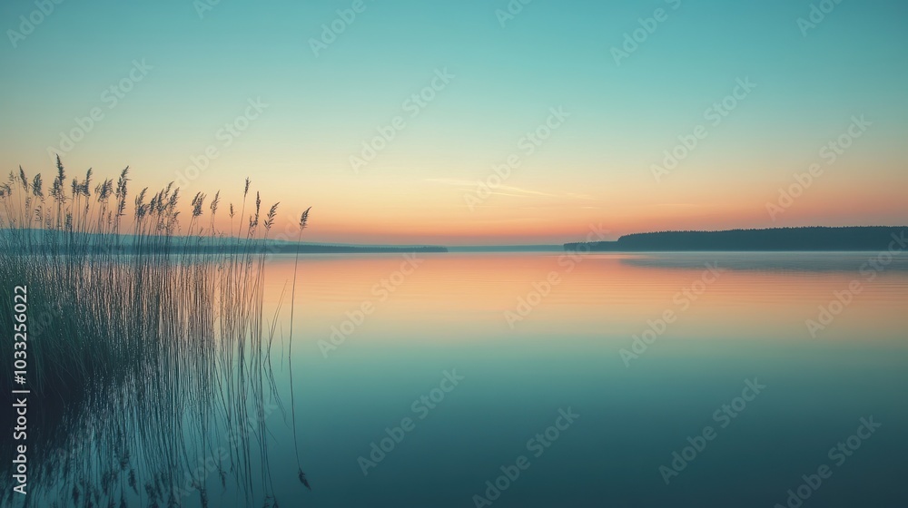 Silhouetted reeds by a still lake at sunset. Silhouetted reeds by a still lake at sunset.
