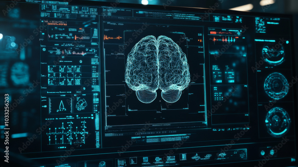 A futuristic idea of brain scanning for healthcare. This shows a digital screen displaying what a brain scanner might look like.low poly digital wireframe. A futuristic idea of brain scanning for healthcare. This shows a digital screen displaying what a brain scanner might look like.low poly digital wireframe.