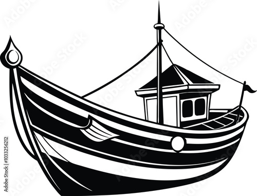 Black and white Traditional Maltese fishing boat, Vector illustration on white background.