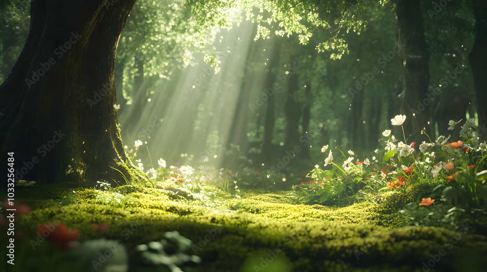 Obraz premium meditation forest, bio-feedback trees, moss floor, filtered sunlight