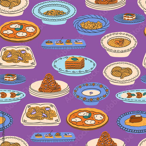 Saemless pattern of Italian dishes. Pasta, lasagna, risotto, Ossobuco, pizza with mozzarella, gnocchi, ravioli, caprese, tiramisu Colorful bright vector illustration in modern style