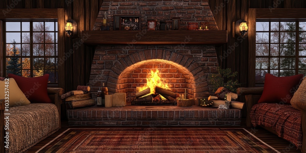 Cozy cabin with fireplace and windows. Cozy cabin with fireplace and windows.