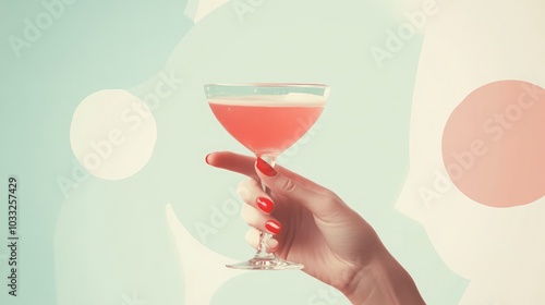 a vintage retro female hand holding a cocktail isolated on a plain background, 1960s and 70s style photo