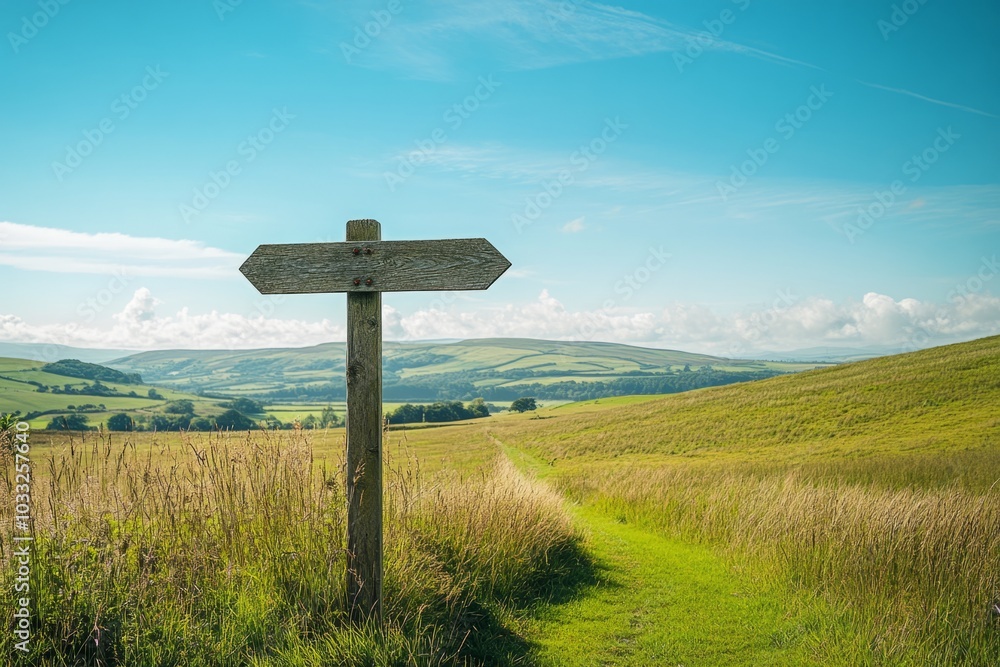 A beautiful countryside landscape with a wooden signpost. The green fields stretch far and wide under a clear blue sky. A perfect destination for nature lovers. Generative AI A beautiful countryside landscape with a wooden signpost. The green fields stretch far and wide under a clear blue sky. A perfect destination for nature lovers. Generative AI