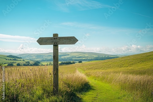 A beautiful countryside landscape with a wooden signpost. The green fields stretch far and wide under a clear blue sky. A perfect destination for nature lovers. Generative AI