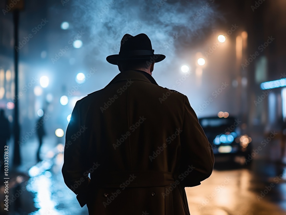 A mysterious figure in a trench coat and fedora walks through a foggy, dimly lit city street, evoking a sense of noir mystery and suspenseful solitude. A mysterious figure in a trench coat and fedora walks through a foggy, dimly lit city street, evoking a sense of noir mystery and suspenseful solitude.