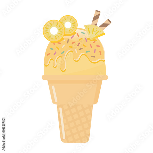 Pineapple ice cream cone with wafer rolls vector illustration. Fresh fruit and sweet dessert.