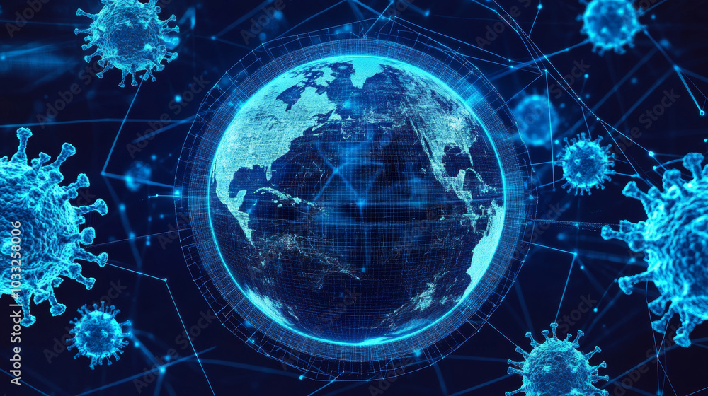 A futuristic image showing a radar scanning the globe, with viruses and other tech elements.It represents the idea of using technology to detect and fight disease worldwide.low poly digital wireframe. A futuristic image showing a radar scanning the globe, with viruses and other tech elements.It represents the idea of using technology to detect and fight disease worldwide.low poly digital wireframe.