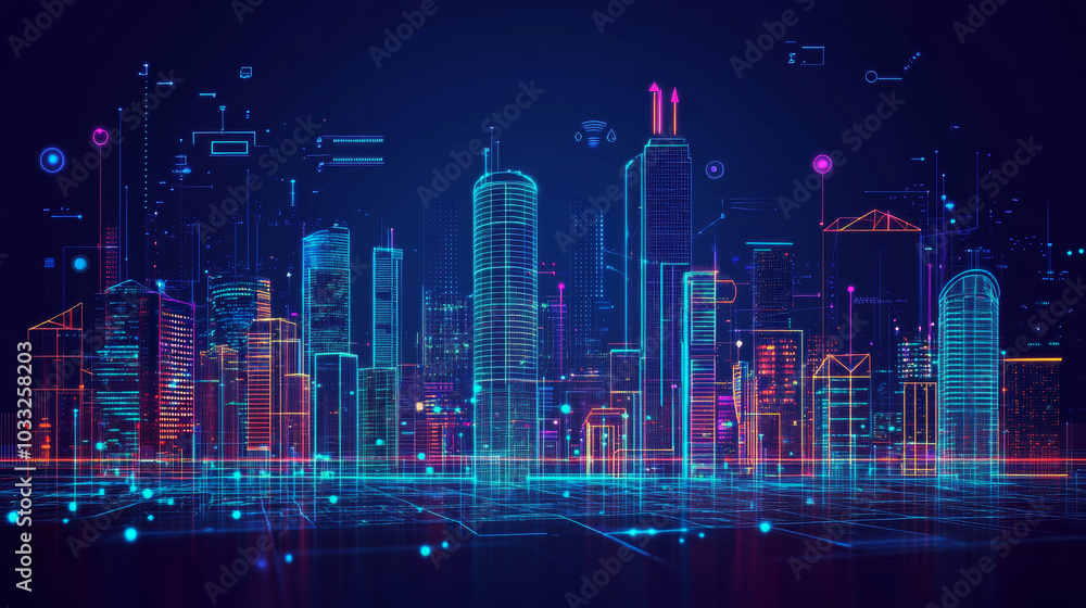 A smart city uses data visualization to show information clearly. Imagine a holographic city with a futuristic interface that displays real-time data from connected devices.low poly digital wireframe. A smart city uses data visualization to show information clearly. Imagine a holographic city with a futuristic interface that displays real-time data from connected devices.low poly digital wireframe.