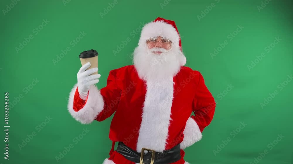 Man in Santa Claus costume drinking coffee from plastic cup in Christmas mood standing on green background. Mid shot. Man in Santa Claus costume drinking coffee from plastic cup in Christmas mood standing on green background. Mid shot.