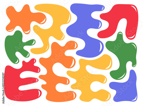 Set of liquid organic shapes. Abstract irregular random blobs. Coloful wavy bubbles and drops in trendy y2k style.