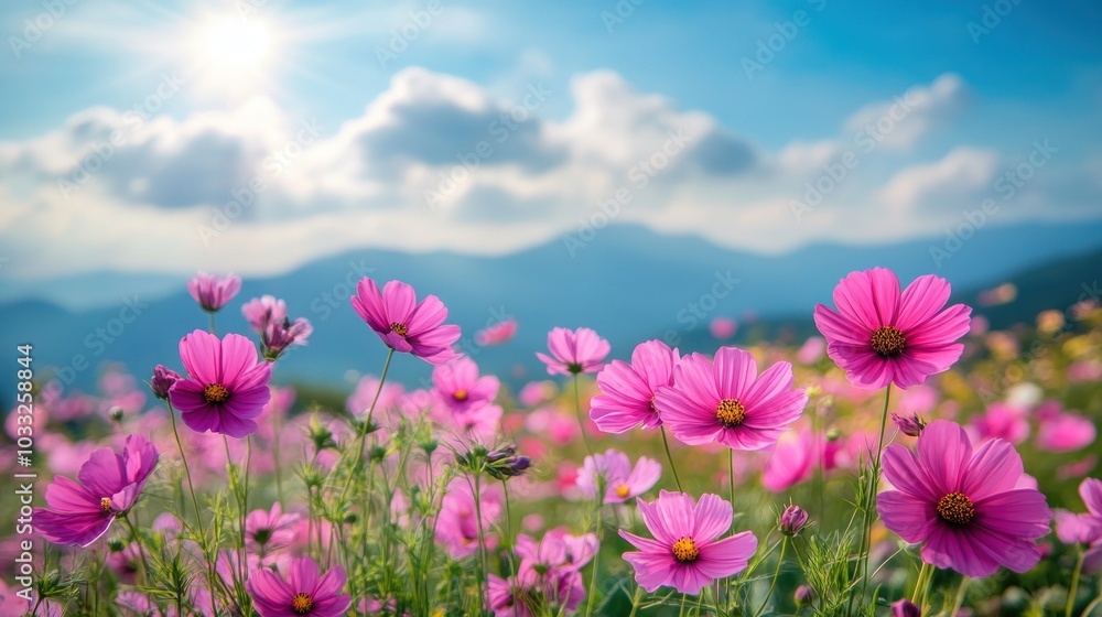 Vibrant Pink Cosmos Flowers in a Field with Mountain Background Vibrant Pink Cosmos Flowers in a Field with Mountain Background