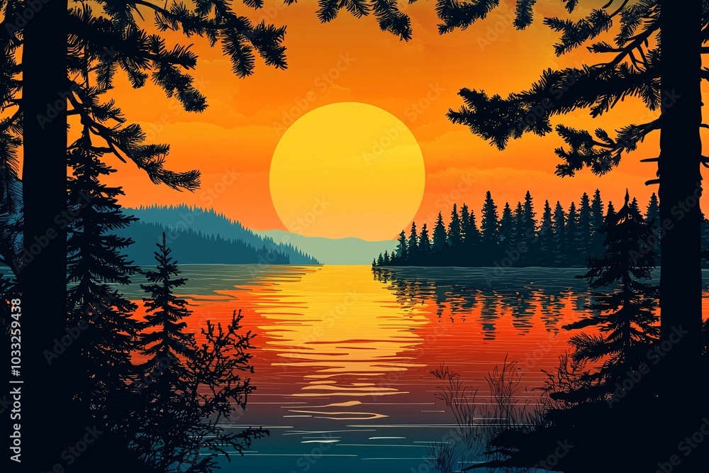 A colorful sunset casts reflections on a calm lake, surrounded by the dark outlines of towering evergreens, evoking a peaceful natural harmony. A colorful sunset casts reflections on a calm lake, surrounded by the dark outlines of towering evergreens, evoking a peaceful natural harmony.