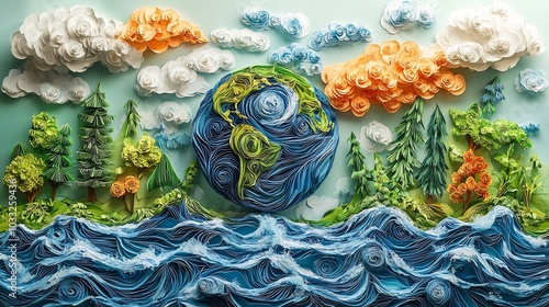 Vibrant paper art showing Earth rivers flowing into oceans surrounded by green trees and clouds celebrating World Water Day and emphasizing environmental protection and saving water photo