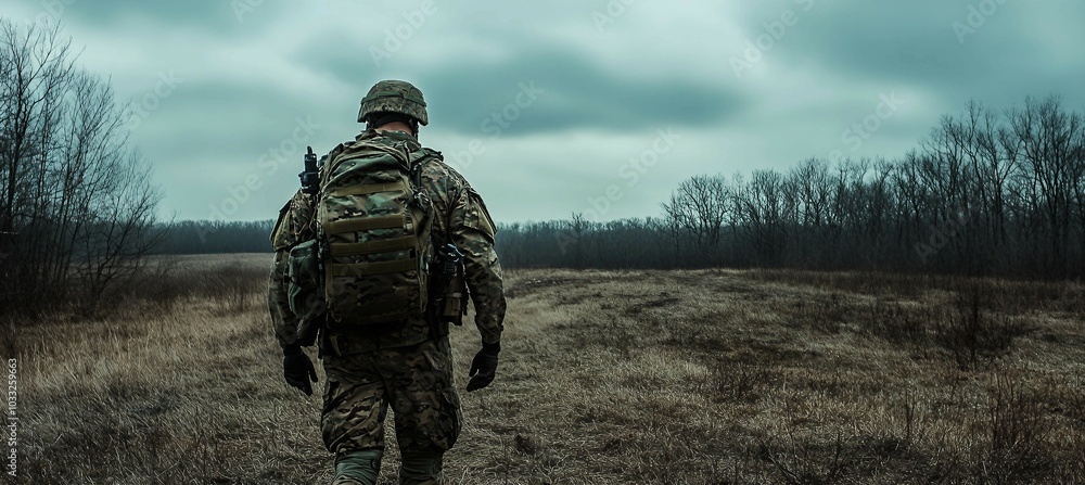 Soldier walking through a field Soldier walking through a field